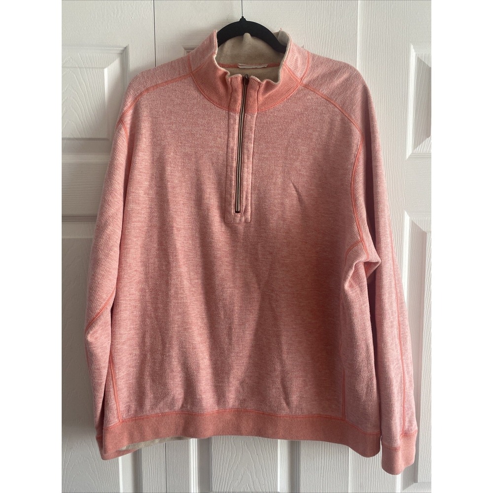 Tommy Bahama Tobasgo 1/4 Zip Pullover Mens L Coral Pink Sweater Marlin Cotton L